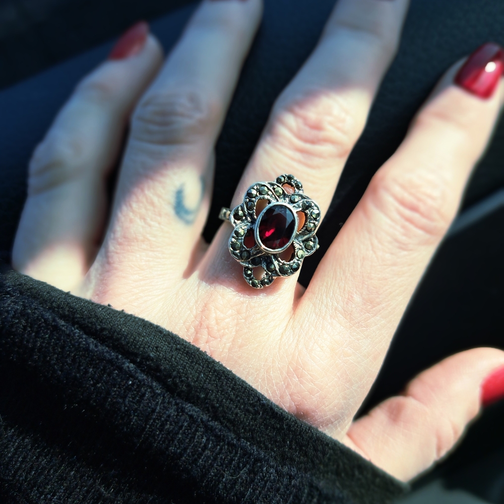 Sterling Silver Marcasite ring with red stone. Size 5.5